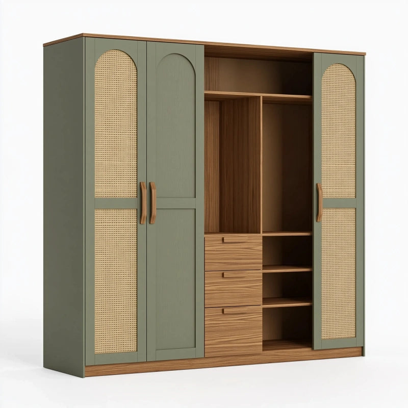 Kleiderschrank 180 x 60 x 200 cm aus Holzwerkstoff in Olivgrün mit Rattangeflecht und offenen Fächern