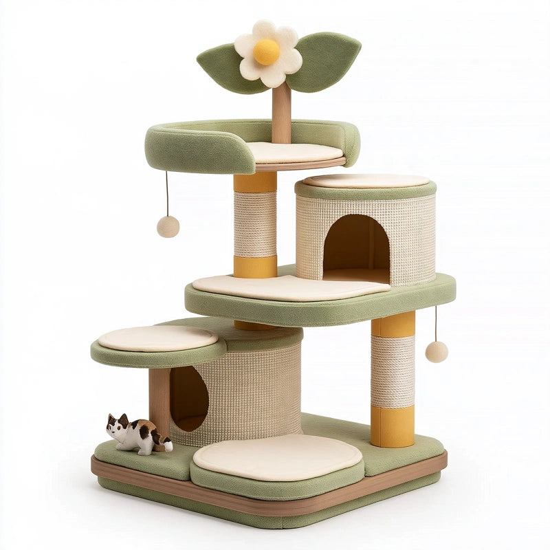 Kratzbaum 60 x 50 x 120 cm mit Sisal und Plüsch in Salbeigrün für Katzen mit Höhlen und Liegeflächen