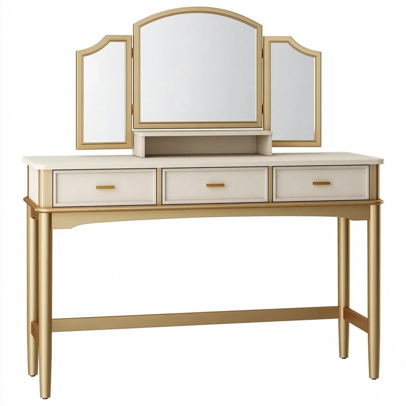 Schminktisch Set 120 x 45 x 145 cm in Creme und Gold mit Dreifachspiegel und Schubladen