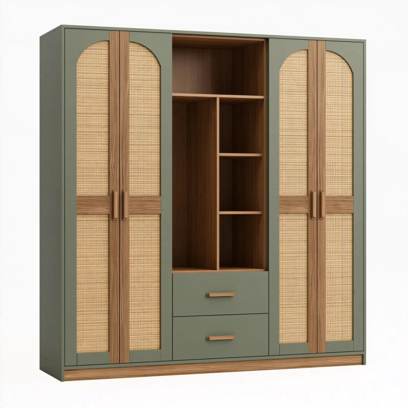 Kleiderschrank 180 x 55 x 200 cm aus Holz und Rattangeflecht Grün Braun mit Schubladen