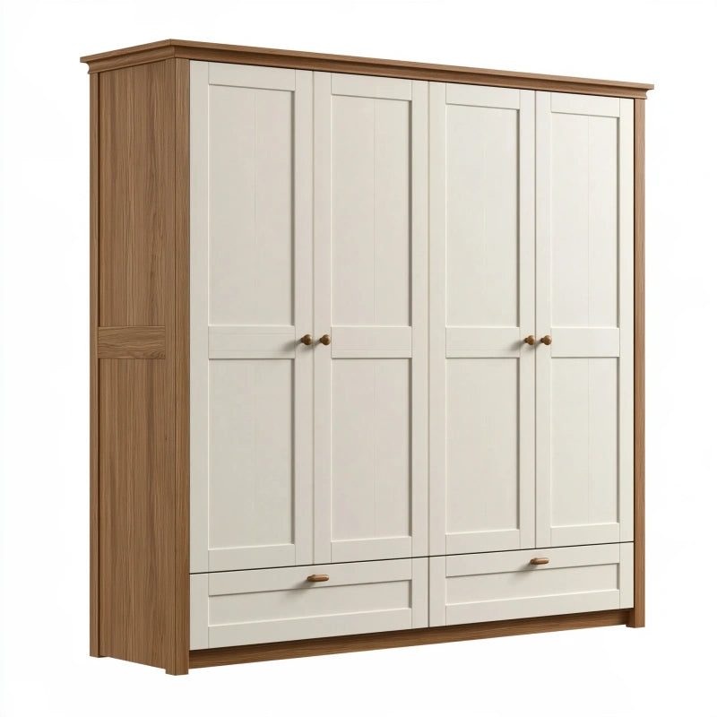 Kleiderschrank 200 x 60 x 220 cm in Weiss und Holzoptik mit 4 Türen und 2 Schubladen