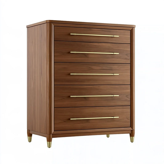 Kommode 90 x 45 x 120 cm in Braun aus Holzwerkstoff mit 5 Schubladen und goldfarbenen Griffen