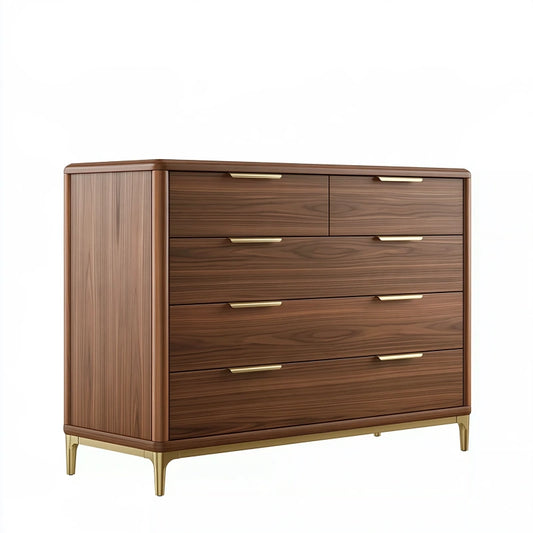 Kommode 150 x 45 x 100 cm Walnussholz braun mit 5 Schubladen und Metallfüssen