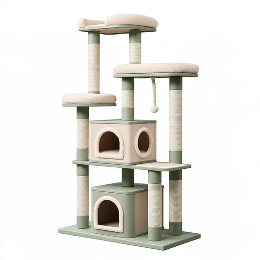 Kratzbaum 60 x 50 x 145 cm in Salbeigrün und Beige mit Sisal und Plüsch für Katzen mit Höhlen und Liegeflächen