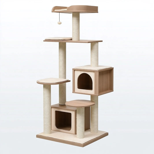 Katzenkratzbaum 60 x 60 x 170 cm Beige Hellbraun aus Holz und Sisal mit Höhlen Liegeflächen und Spielball