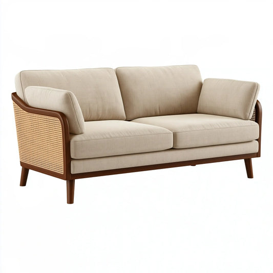 2-Sitzer Sofa 160 cm mit Textilbezug Holz und Rattan in Beige - Retro Wohnzimmersofa
