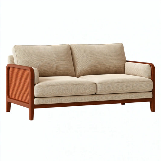 2-Sitzer Sofa 150 cm Beige Stoff Holz Rattan Wohnzimmer Retro