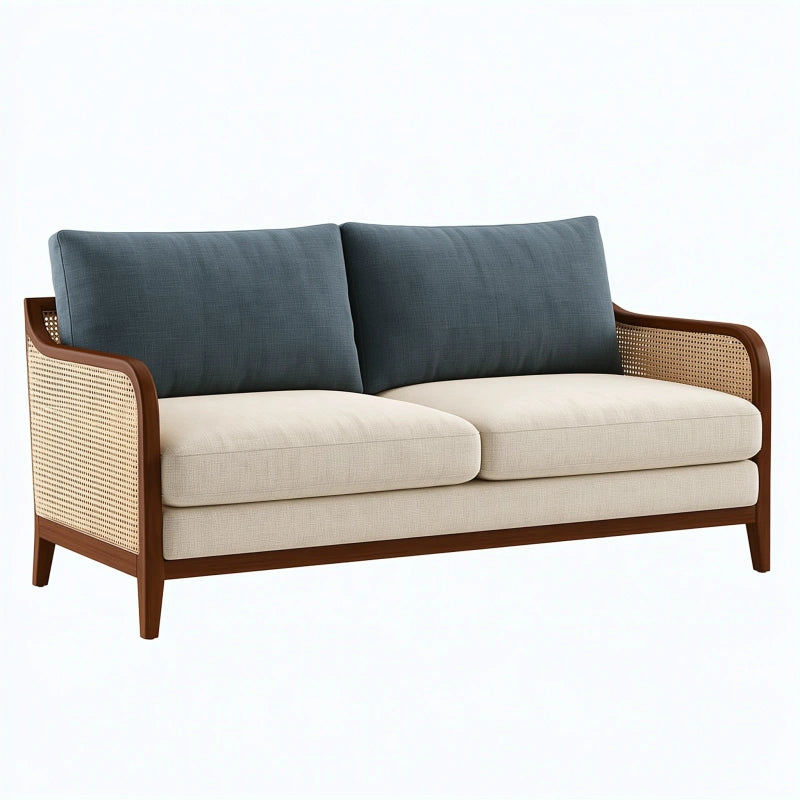 2-Sitzer Sofa 140 cm Holz Rattan Beige Dunkelblau - Wohnzimmer Sitzmöbel