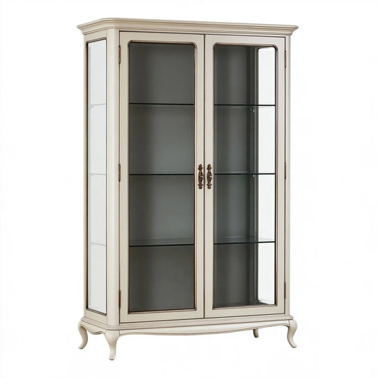 Vitrine 100 x 40 x 180 cm aus Holz und Glas in Creme klassisch mit Glastüren