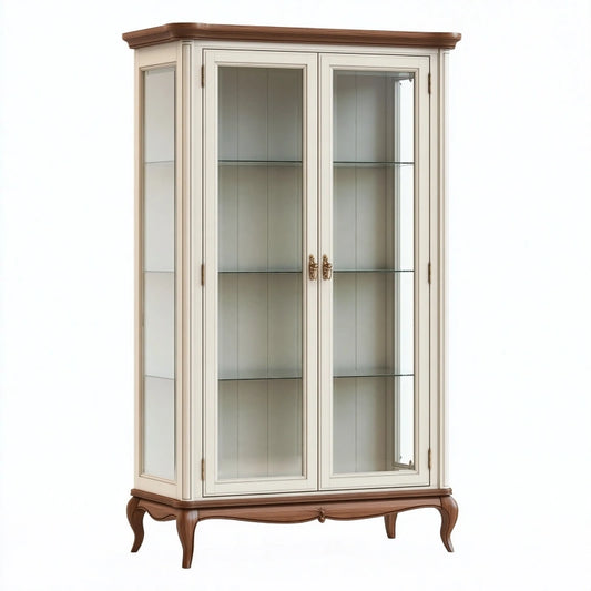 Vitrine 110 x 45 x 190 cm aus Holz und Glas in Cremebraun im klassischen Stil
