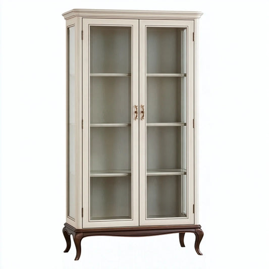 Vitrine 100 x 45 x 190 cm aus Holz und Glas in Cremebraun - klassischer Wohnstil
