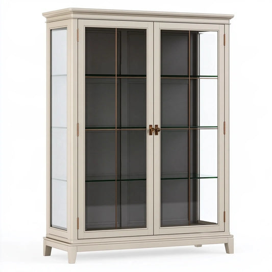 Vitrine 100 x 40 x 190 cm aus Holz und Glas in Cremebraun mit zwei Glastüren